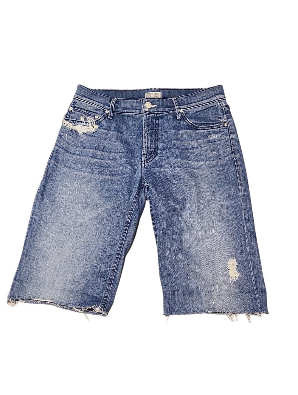 MOTHER The Dropshot Blue Destroyed Rolled Hem Cutoff Denim Womens Jean Shorts 24